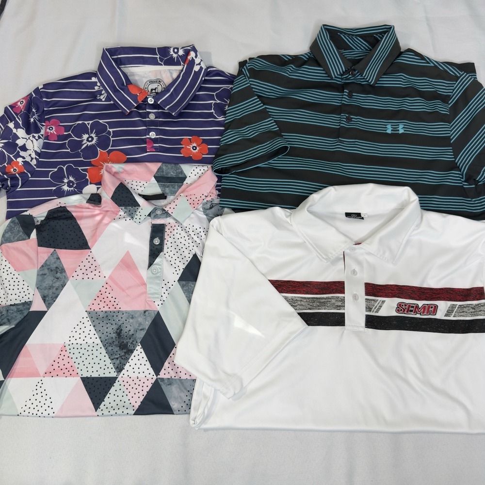 Lot Of 4 Mens Golf Polos M Performance‎ Sema Geometric Stripe Floral Hawaiian